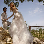 Strapless floral lace ballgown with 3D appliques and sheer sleeves, bespoke Ricca Sposa handcrafted bridal gown