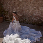 3D floral lace Ricca Sposa 04 ball gown with a corset back and dramatic tulle train handcrafted bridal gown