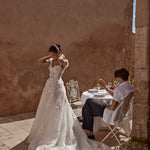 3D floral lace Ricca Sposa A-line wedding dress with sweetheart neckline and handcrafted straps, bespoke bridal gown