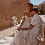 Off-the-shoulder floral lace sweetheart gown with 3D appliques and tulle skirt, handcrafted Ricca Sposa bridal gown