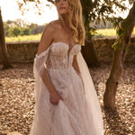 Strapless lace A-line gown with plunging corset and off-the-shoulder sleeves, bespoke Ricca Sposa Adelina wedding dress