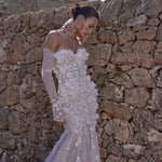 3D floral lace mermaid wedding dress with sweetheart neckline and detached sleeves bespoke Ricca Sposa bridal gown