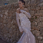 Handcrafted mermaid lace wedding dress with 3D floral appliques and off-the-shoulder sleeves, bespoke bridal gown