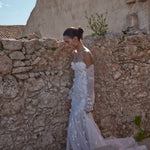 3D floral lace mermaid bridal gown with strapless sweetheart neckline and detachable sleeves handcrafted wedding dress