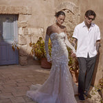 3D floral lace mermaid wedding dress with sweetheart neckline and sheer sleeves, handcrafted Ricca Sposa bridal gown