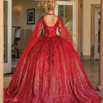 Red sequin Quinceañera ball gown with handcrafted lace, corset back and sheer sleeves, bespoke bridal gown