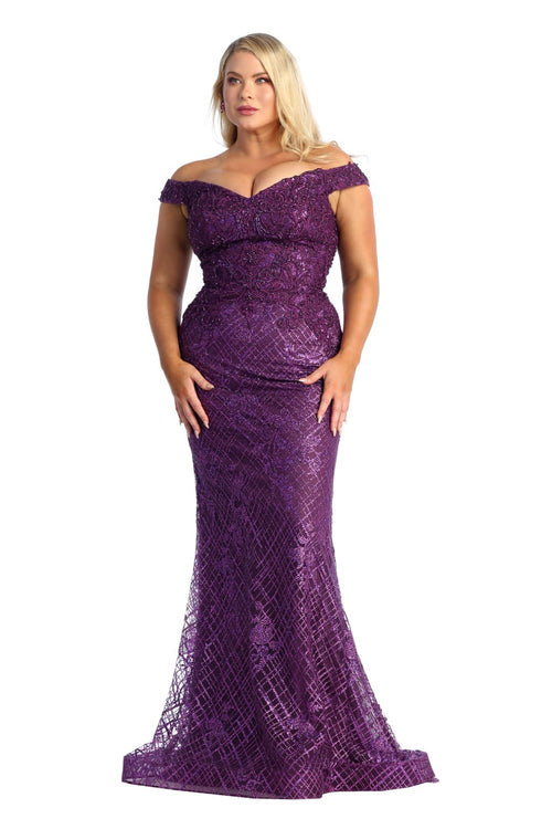 Purple off-the-shoulder mermaid gown with a lace bodice and shimmering lattice skirt, bespoke wedding gown