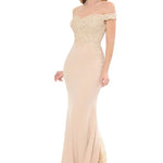 Handcrafted off-the-shoulder champagne mermaid dress with beaded lace bodice and sweeping train, bridal wedding gown