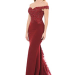 Off-the-shoulder burgundy mermaid gown with beaded lace bodice and train, bespoke red wedding gown
