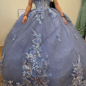 Bespoke blue off-the-shoulder ball gown with 3D floral sequins and glitter tulle, handcrafted wedding dress