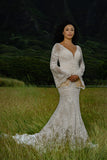 Boho Mermaid Crochet Lace Wedding Dress with Deep V Neck and Bell Sleeves