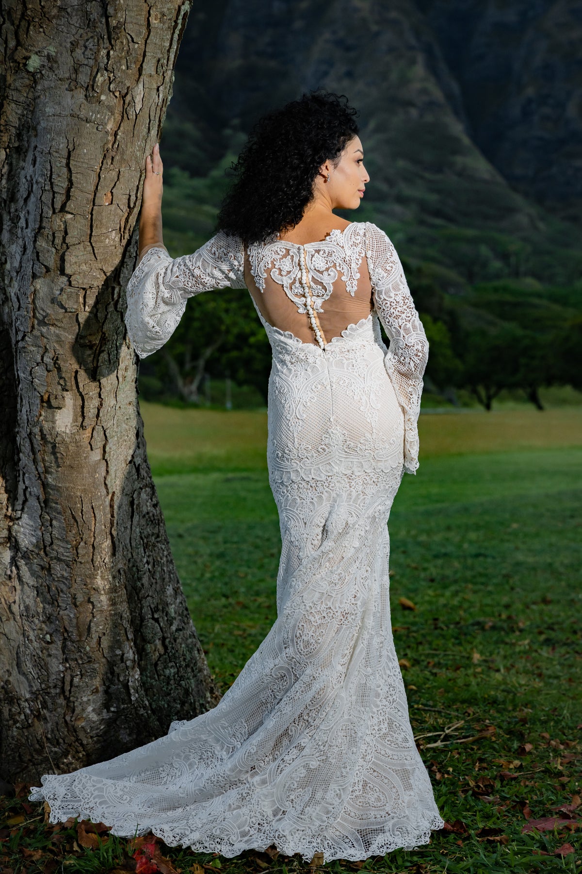 Boho Mermaid Crochet Lace Wedding Dress with Deep V Neck and Bell Sleeves | Dresses By Linda and Agnes Boho Mermaid Crochet Lace Wedding Dress with Deep V Neck and Bell Sleeves | Dresses By Linda and Agnes