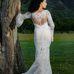 Boho mermaid crochet lace wedding dress with bell sleeves and illusion button back, handcrafted bridal gown