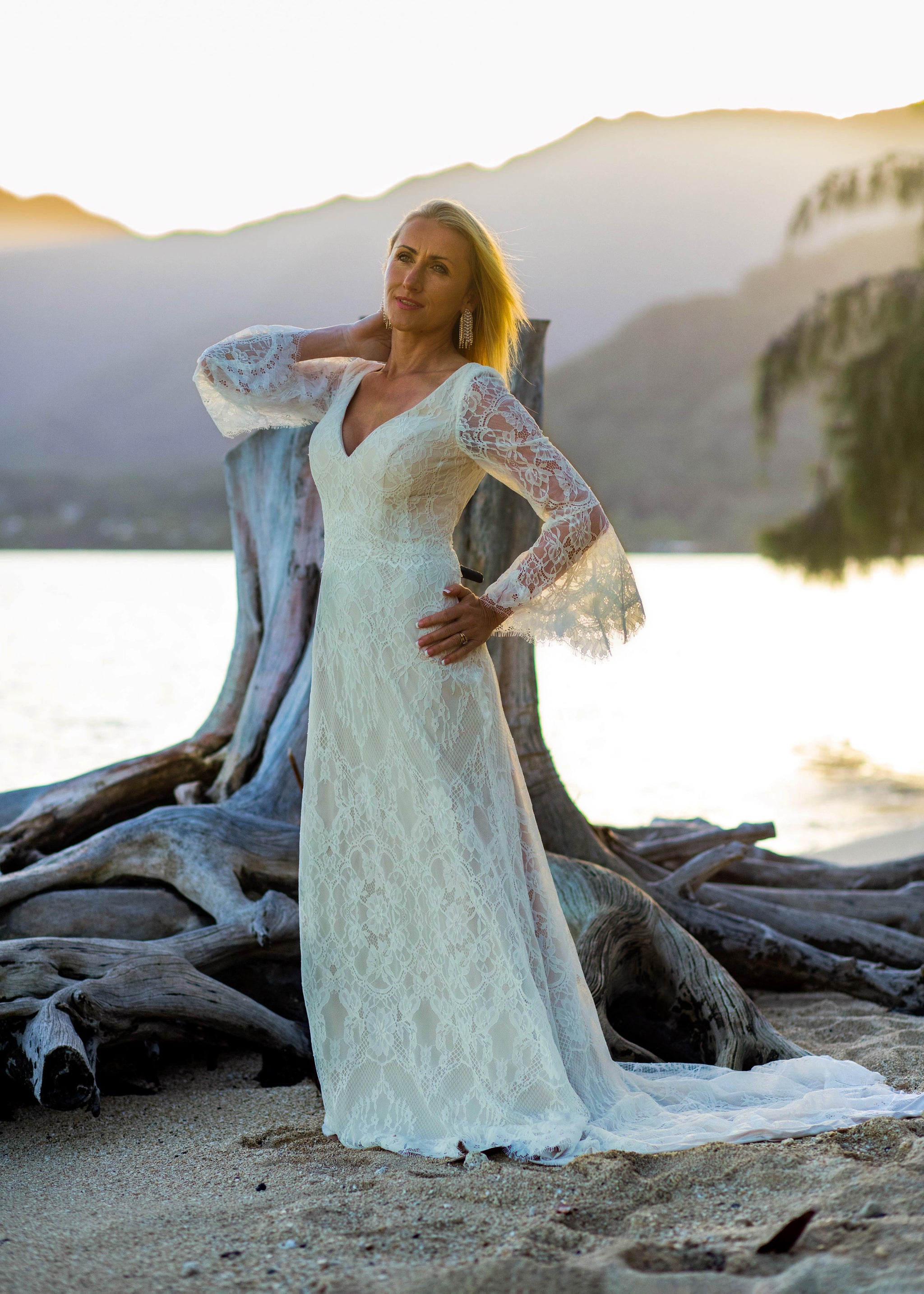 Boho Lace V-Neck Wedding Dress with Bell Sleeves Boho Lace V-Neck Wedding Dress with Bell Sleeves
