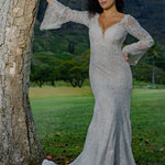 Boho mermaid crochet lace wedding dress with deep V neck and bell sleeves, handcrafted bridal gown