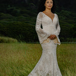 Boho mermaid crochet lace wedding dress with bell sleeves and deep V-neck, a bespoke handcrafted bridal gown