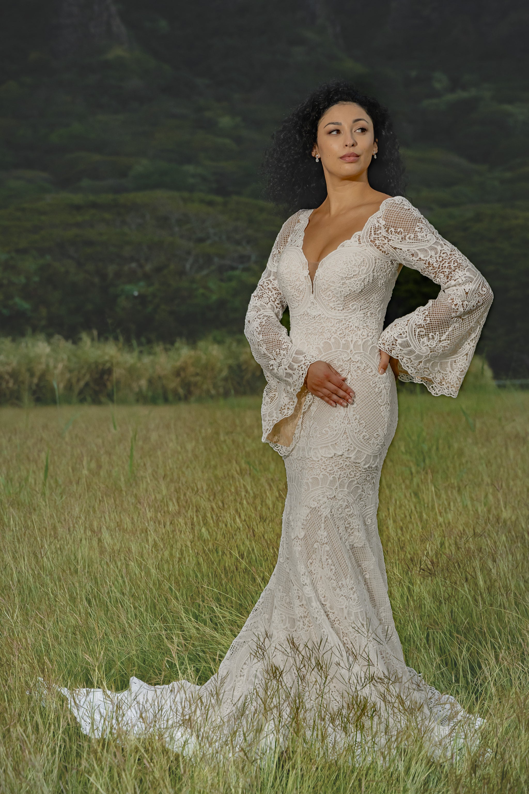 V Neck Gown Bell Sleeves Boho Mermaid Crochet Lace Wedding