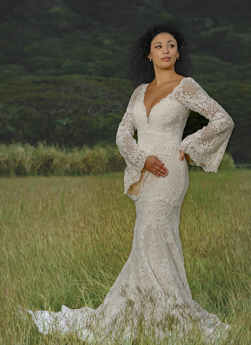 Bespoke boho mermaid crochet lace wedding dress with deep V-neck and bell sleeves, handcrafted bridal gown
