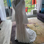 Mermaid lace wedding dress with scalloped V-neck and long bell sleeves, bespoke boho bridal gown