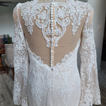 Boho mermaid crochet lace wedding dress with bell sleeves and illusion button back, bespoke handcrafted bridal gown