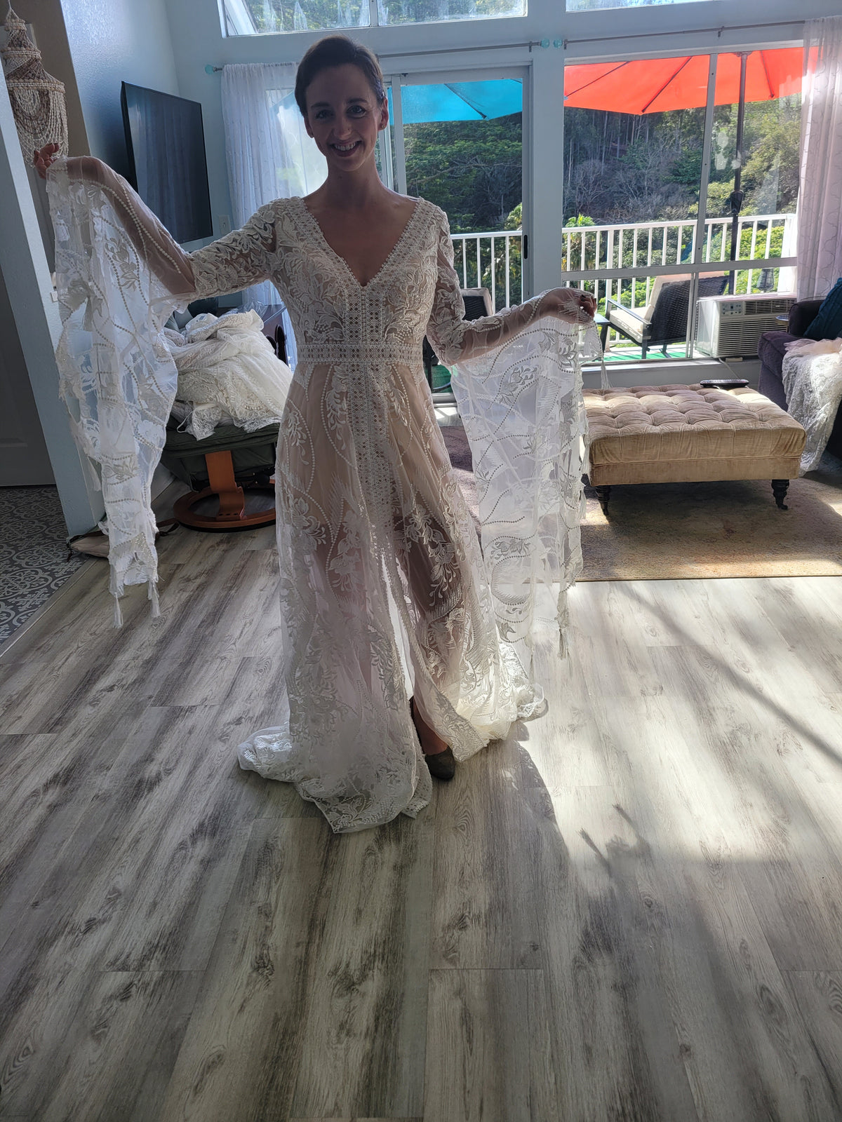 a line wedding dress with bell sleeves A-Line Boho Country Lace Wedding Dress Vintage Bell Long Sleeves Casual Destination Gown