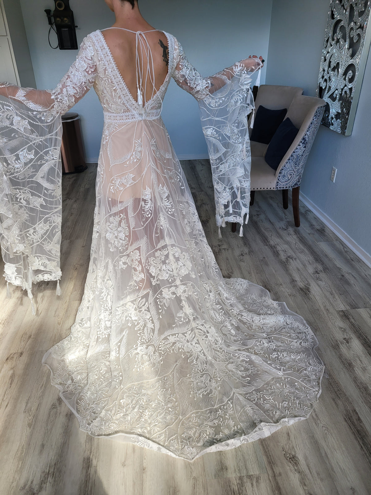 Boho Mermaid A-Line Wedding Dress with Bell Sleeves & Intricate Lace 12 Boho Mermaid A-Line Wedding Dress with Bell Sleeves & Intricate Lace 12