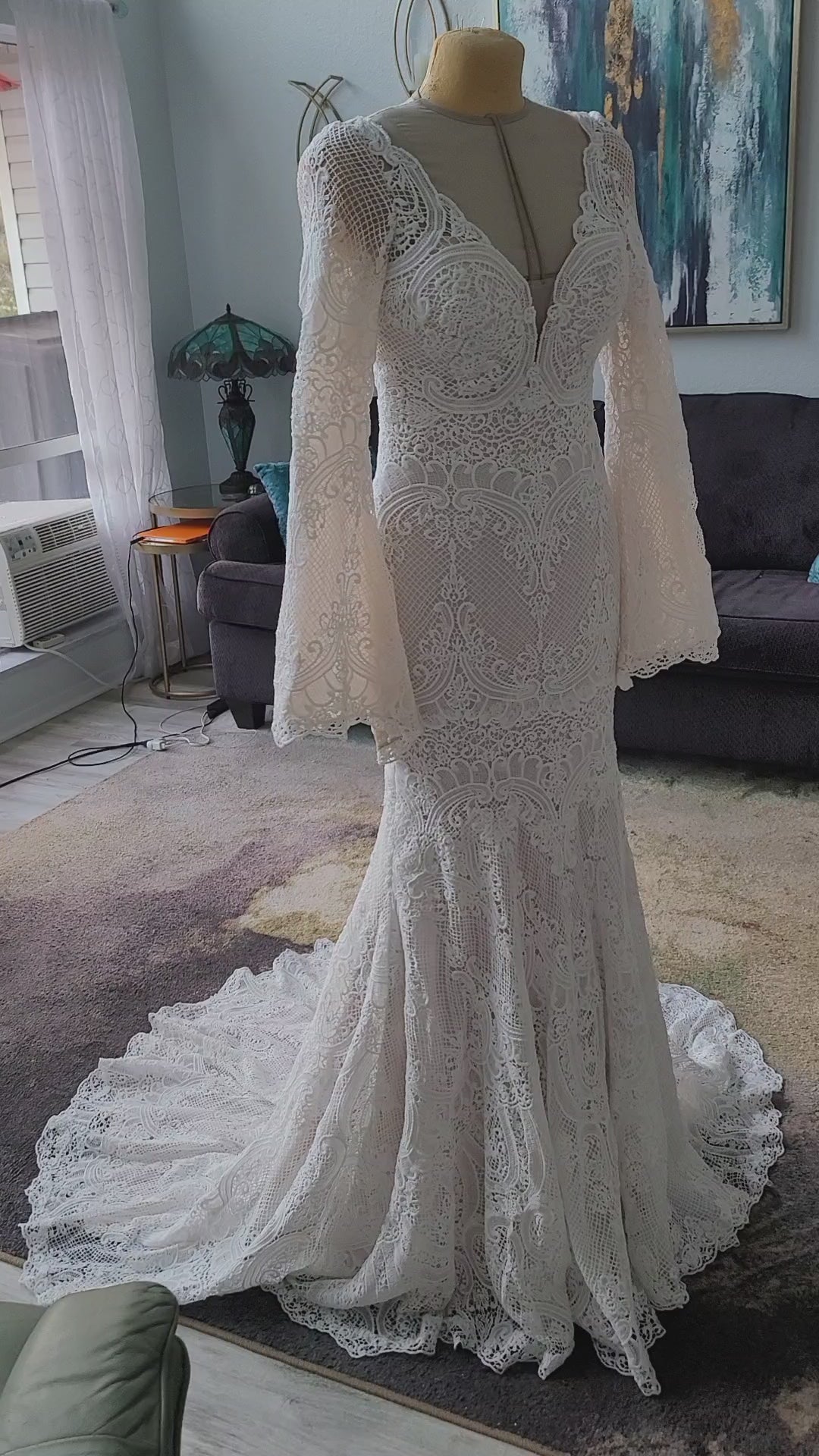 Boho Mermaid Crochet Lace Wedding Dress with Bell Sleeves 24