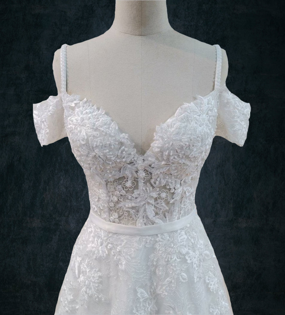 A-Line Boho Lace Wedding Dress with Off-Shoulder Sleeves & Beading 28 A-Line Boho Lace Wedding Dress with Off-Shoulder Sleeves & Beading 28