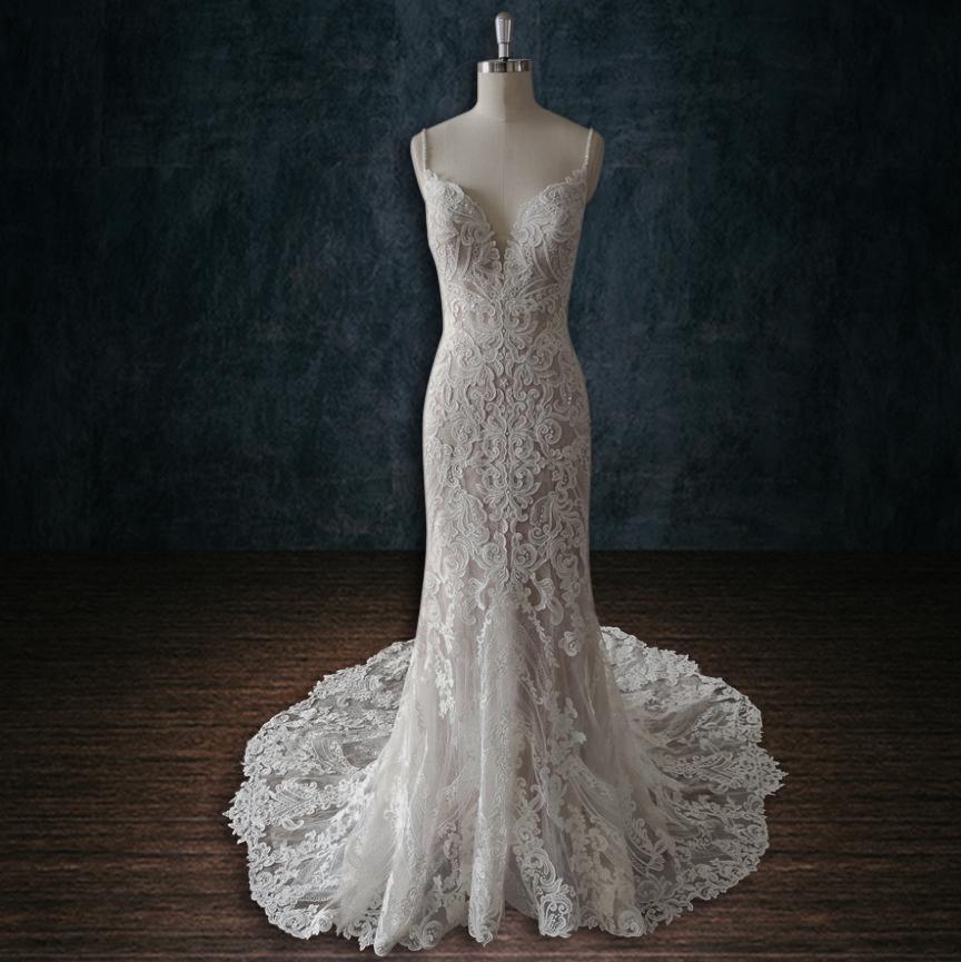 A-Line Mermaid Boho Beaded Lace Wedding Dress with Spaghetti Straps and  Deep Plunging V Neck