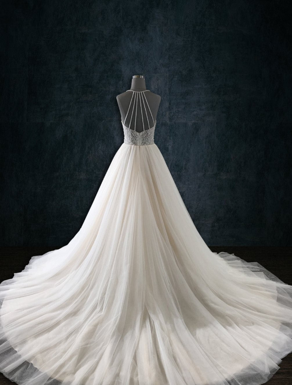 A-Line Wedding Dress with Beaded Lace Bodice Spaghetti Straps and Tulle Skirt | Dresses By Linda and Agnes A-Line Wedding Dress with Beaded Lace Bodice Spaghetti Straps and Tulle Skirt | Dresses By Linda and Agnes