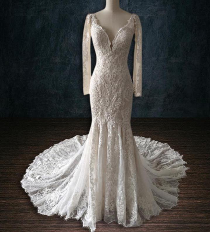 Beaded Boho Lace Mermaid Wedding Dress with Long Sleeves & Plunging V 22 Beaded Boho Lace Mermaid Wedding Dress with Long Sleeves & Plunging V 22