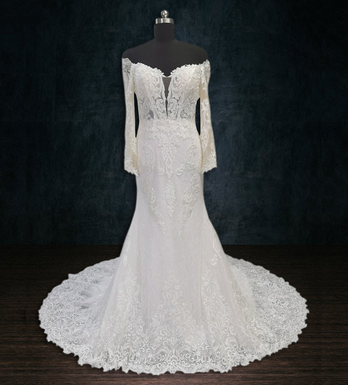 Beaded Boho Lace Mermaid Wedding Dress with Long Off the Shoulder Sleeves and Deep Plunging Neckline | Dresses By Linda and Agnes Beaded Boho Lace Mermaid Wedding Dress with Long Off the Shoulder Sleeves and Deep Plunging Neckline | Dresses By Linda and Agnes