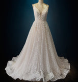 Beaded Lace A-line  Boho Wedding dress with Plunging neckline and Spagetti Straps custom wedding dress, custom made wedding dress, customized wedding dress, discount wedding dress, cheap wedding dress, replica wedding dress, wedding gown