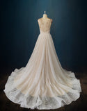 Beaded Lace A-line  Boho Wedding dress with Plunging neckline and Spagetti Straps custom wedding dress, custom made wedding dress, customized wedding dress, discount wedding dress, cheap wedding dress, replica wedding dress, wedding gown