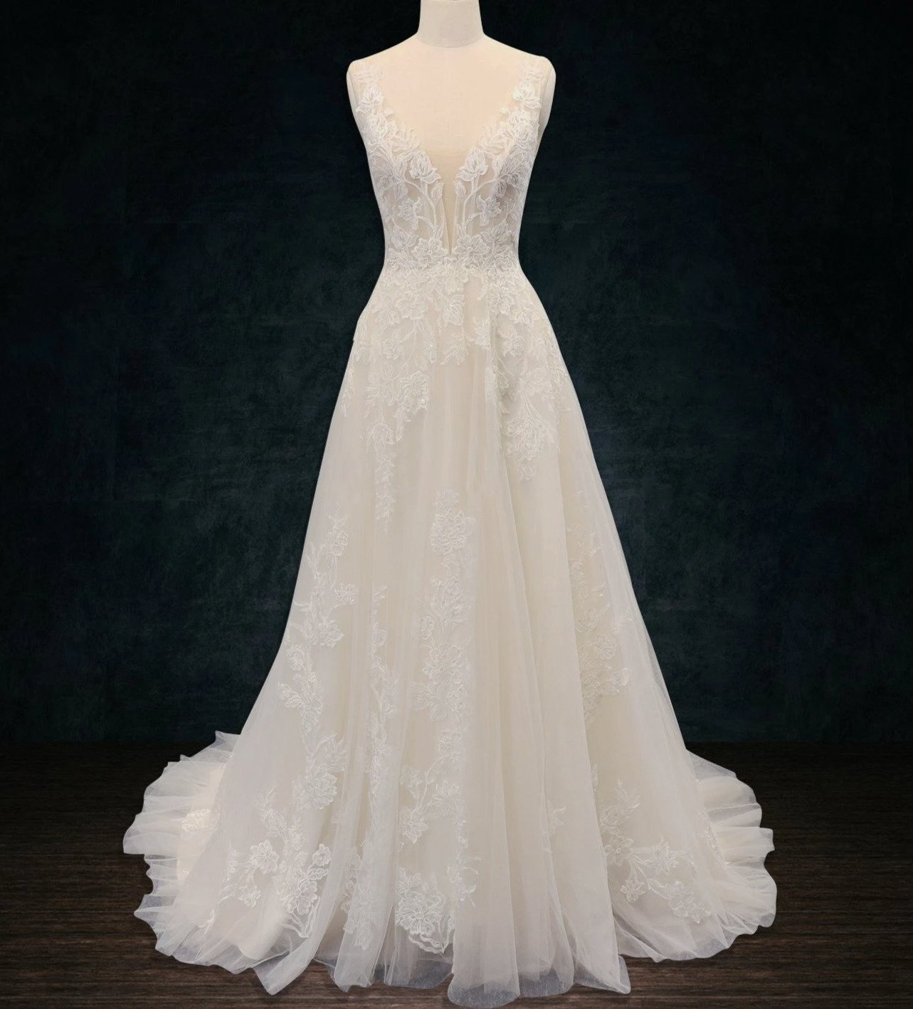Beaded Lace Boho A-Line Wedding Dress with Deep Plunging Neckline | Dresses By Linda and Agnes Beaded Lace Boho A-Line Wedding Dress with Deep Plunging Neckline | Dresses By Linda and Agnes