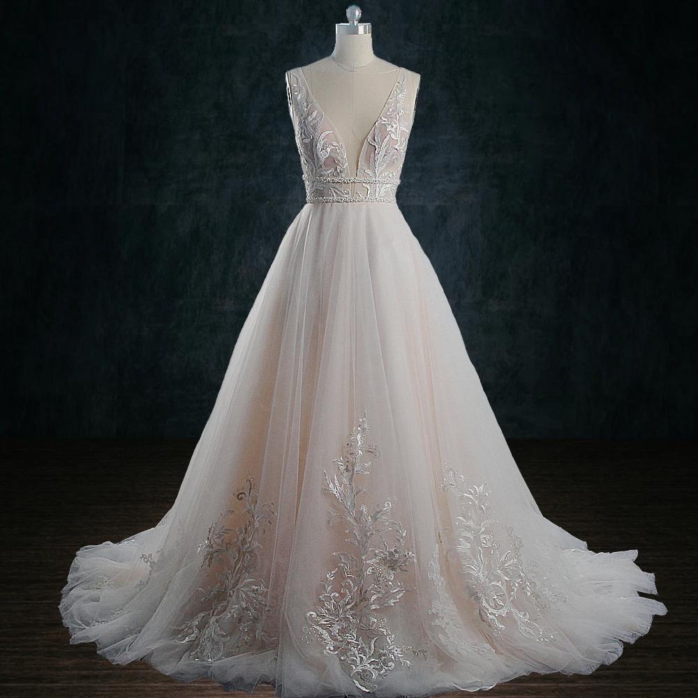 Beaded Lace Boho A-Line Wedding Dress with Deep Plunging Neckline 8 Beaded Lace Boho A-Line Wedding Dress with Deep Plunging Neckline 8