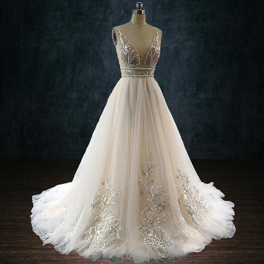 Beaded Lace Boho A-Line Wedding Dress with Deep Plunging Neckline 8 Beaded Lace Boho A-Line Wedding Dress with Deep Plunging Neckline 8