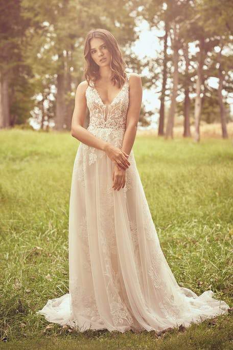 Beaded Lace Boho A-Line Wedding Dress with Deep Plunging Neckline | Dresses By Linda and Agnes Beaded Lace Boho A-Line Wedding Dress with Deep Plunging Neckline | Dresses By Linda and Agnes