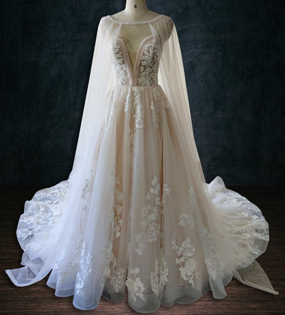 Beaded Lace Boho A-Line Wedding Dress with Plunging Neck & Cape 8