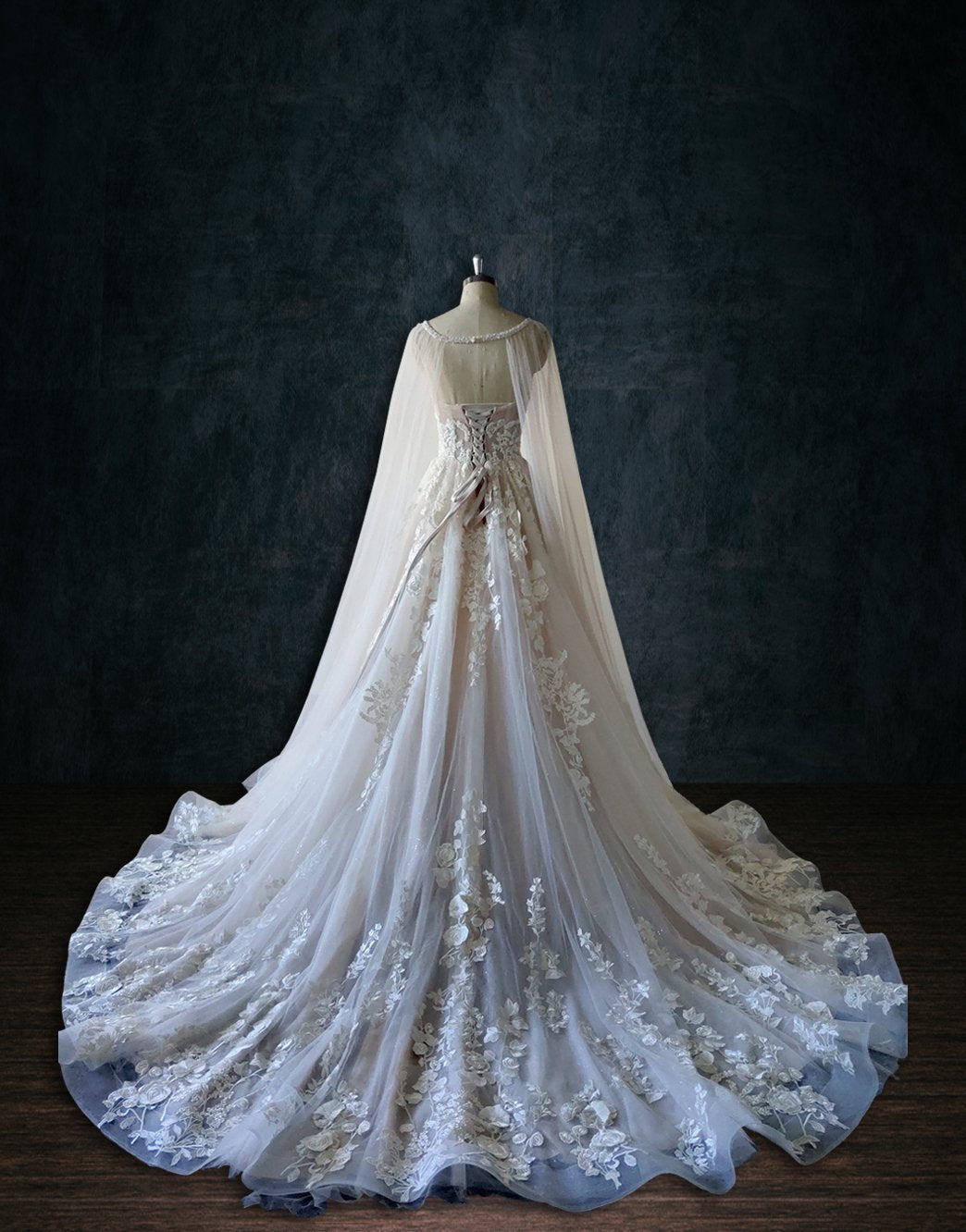 Beaded Lace Boho A-Line Wedding Dress with Plunging Neck & Cape 8 Beaded Lace Boho A-Line Wedding Dress with Plunging Neck & Cape 8