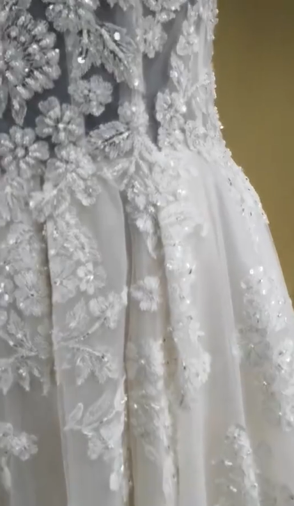 Beaded Lace Boho A-Line Wedding Dress with Sweetheart Neckline | Dresses By Linda and Agnes Beaded Lace Boho A-Line Wedding Dress with Sweetheart Neckline | Dresses By Linda and Agnes
