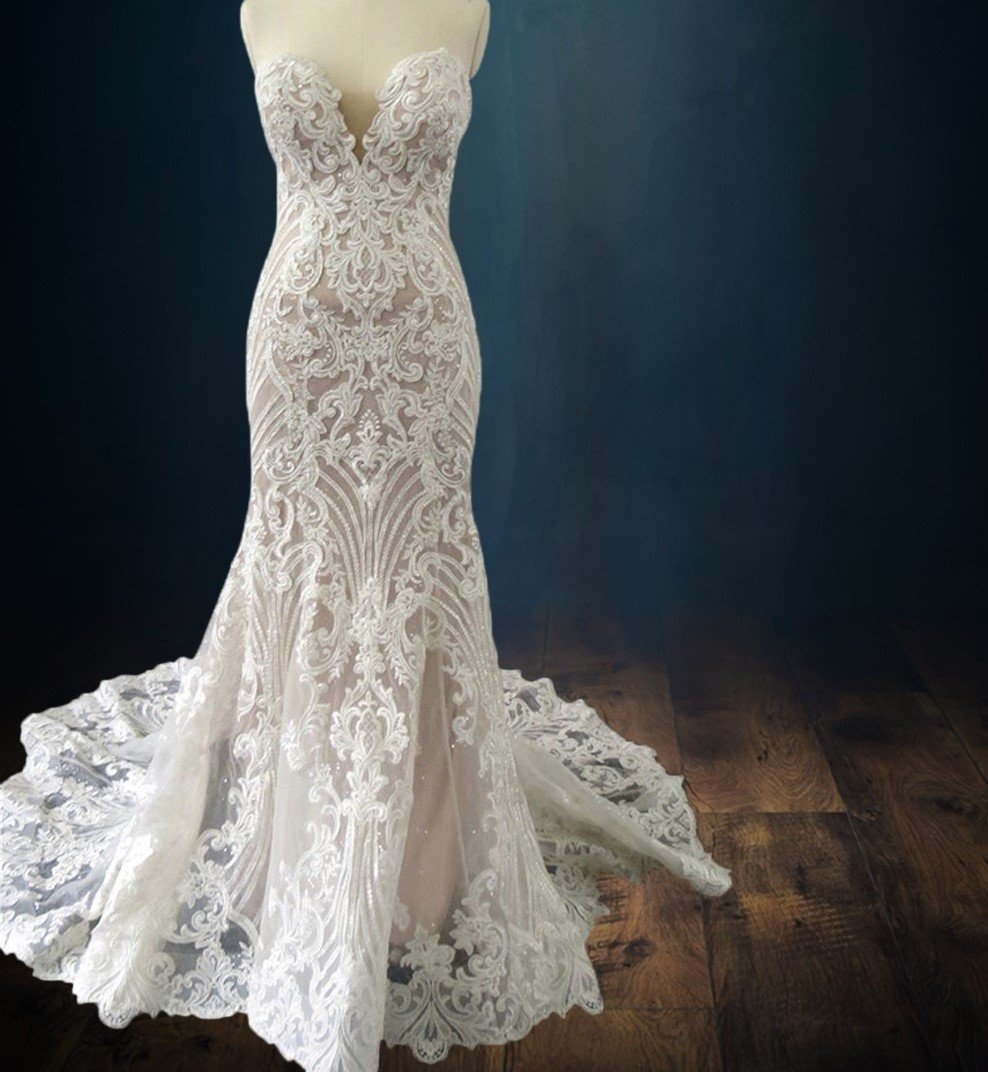 Beaded Lace Boho Mermaid Wedding Dress with Deep Neckline and Sparkle 16 Beaded Lace Boho Mermaid Wedding Dress with Deep Neckline and Sparkle 16
