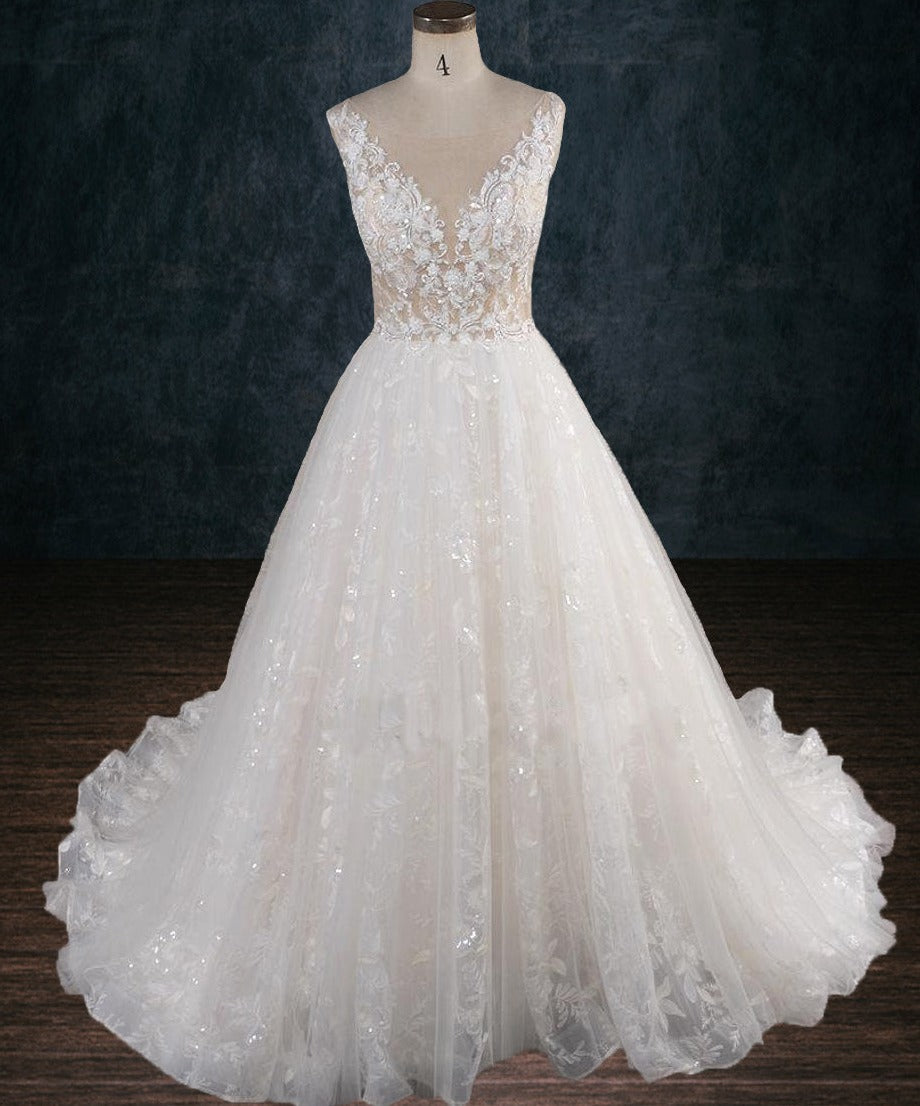 Beaded Lace A-Line Boho Wedding Dress with Illusion Bodice 2