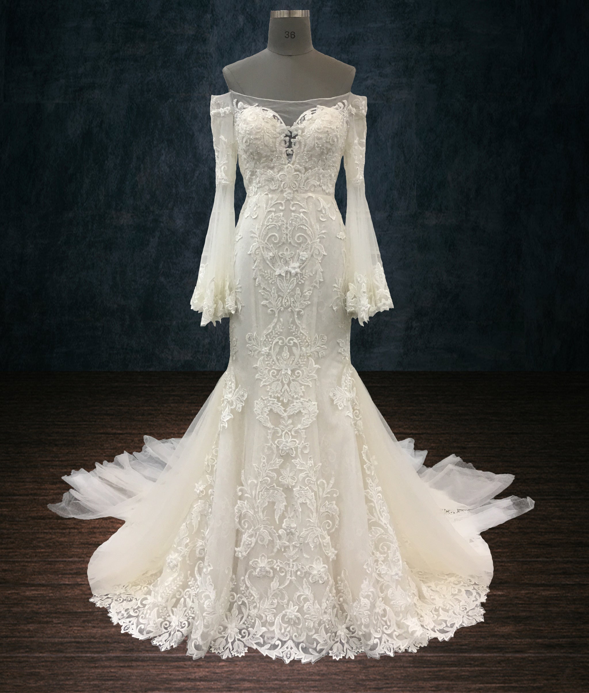 mermaid dress with bell sleeves Silver Lace Appliqued Black Bell Sleeve Mermaid Prom Gown