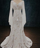 Boho Lace A-Line Wedding Dress With Long Bell Sleeves custom wedding dress, custom made wedding dress, customized wedding dress, discount wedding dress, cheap wedding dress, replica wedding dress, wedding gown