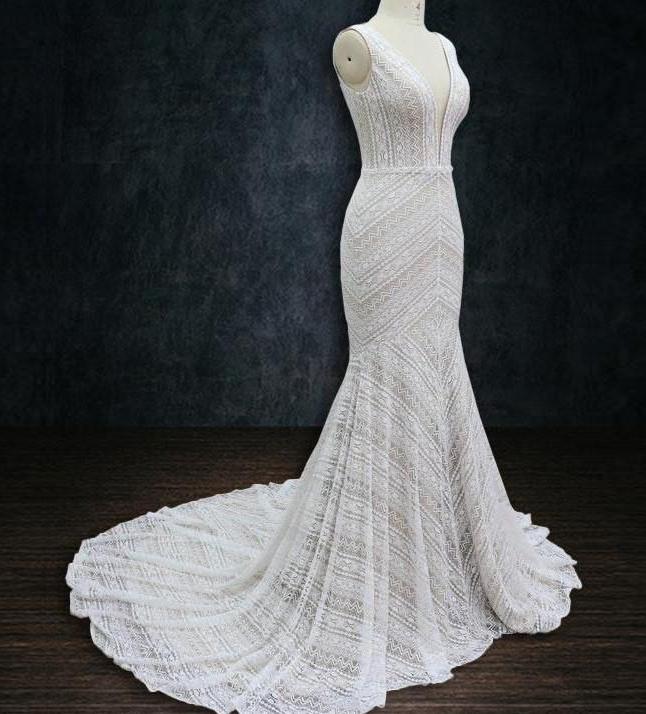 Boho Lace Mermaid Wedding Dress with Deep Plunging V Neck | Dresses By Linda and Agnes Boho Lace Mermaid Wedding Dress with Deep Plunging V Neck | Dresses By Linda and Agnes