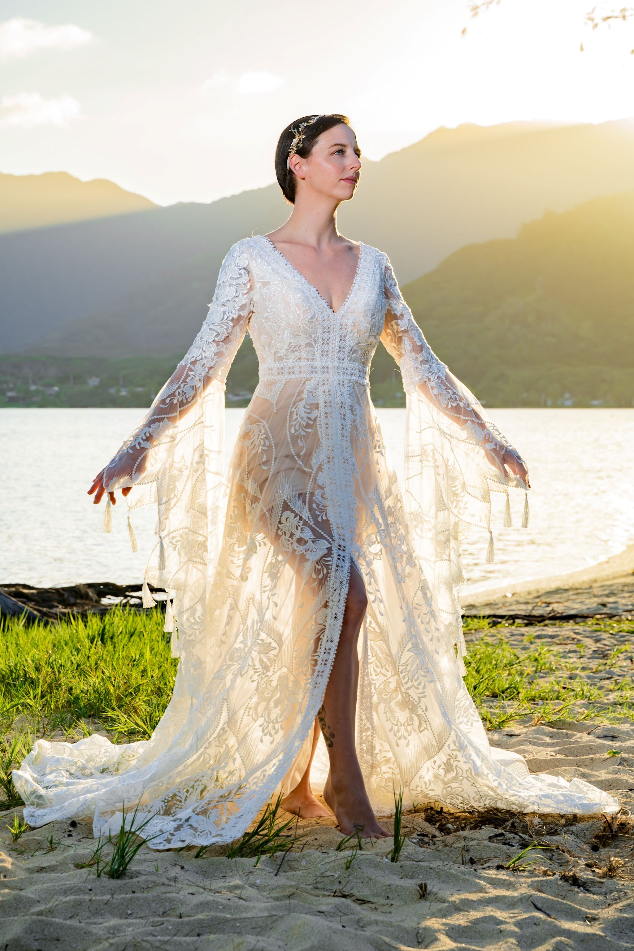 Wedding Dress Bell Sleeves V Neck Boho Mermaid A-LIne Wedding