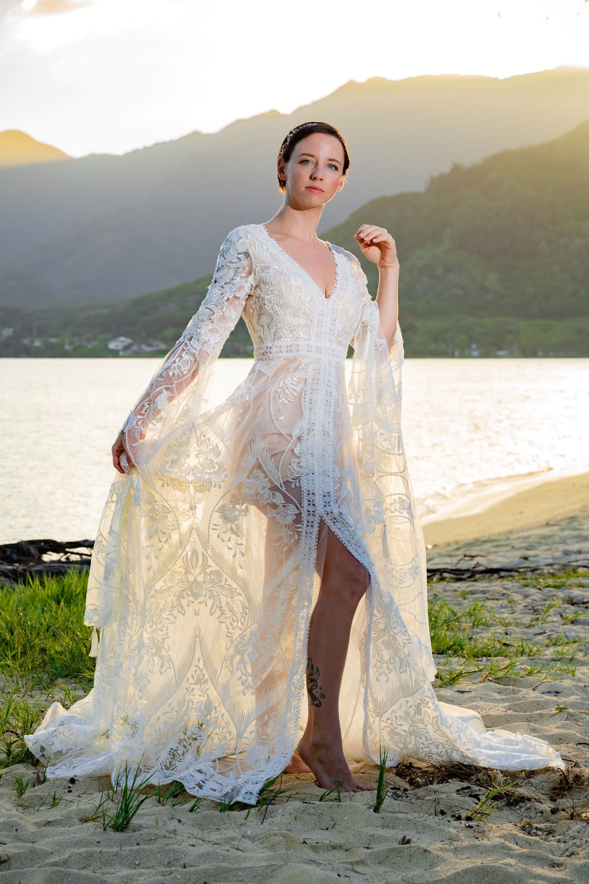 v neck wedding dress with bell sleeves Romantic Sleeve Plunging Flower Lace Light Ivory Romantic lace wedding dress with organic flower lace Boho A-Line Wedding Dress Long