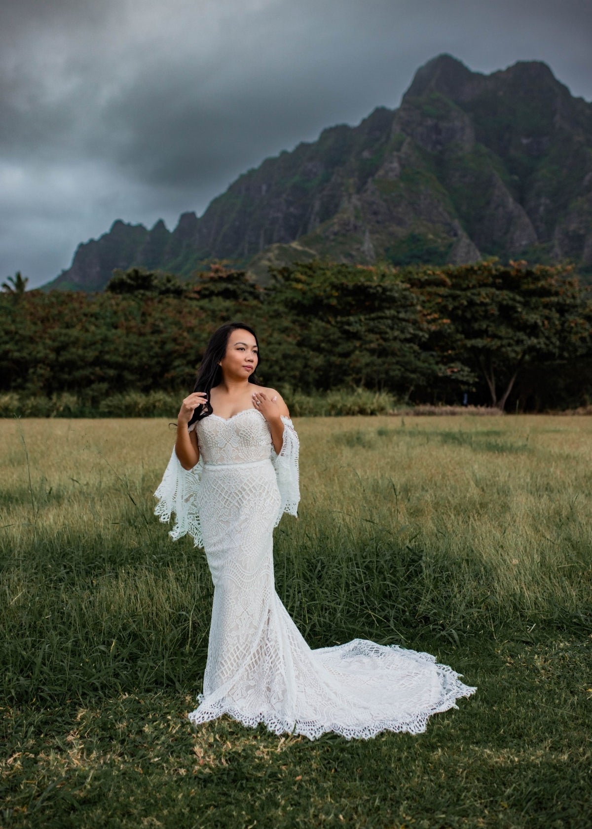 Boho Lace Off-the-Shoulder Mermaid Bridal Gown with Cape Sleeves 0