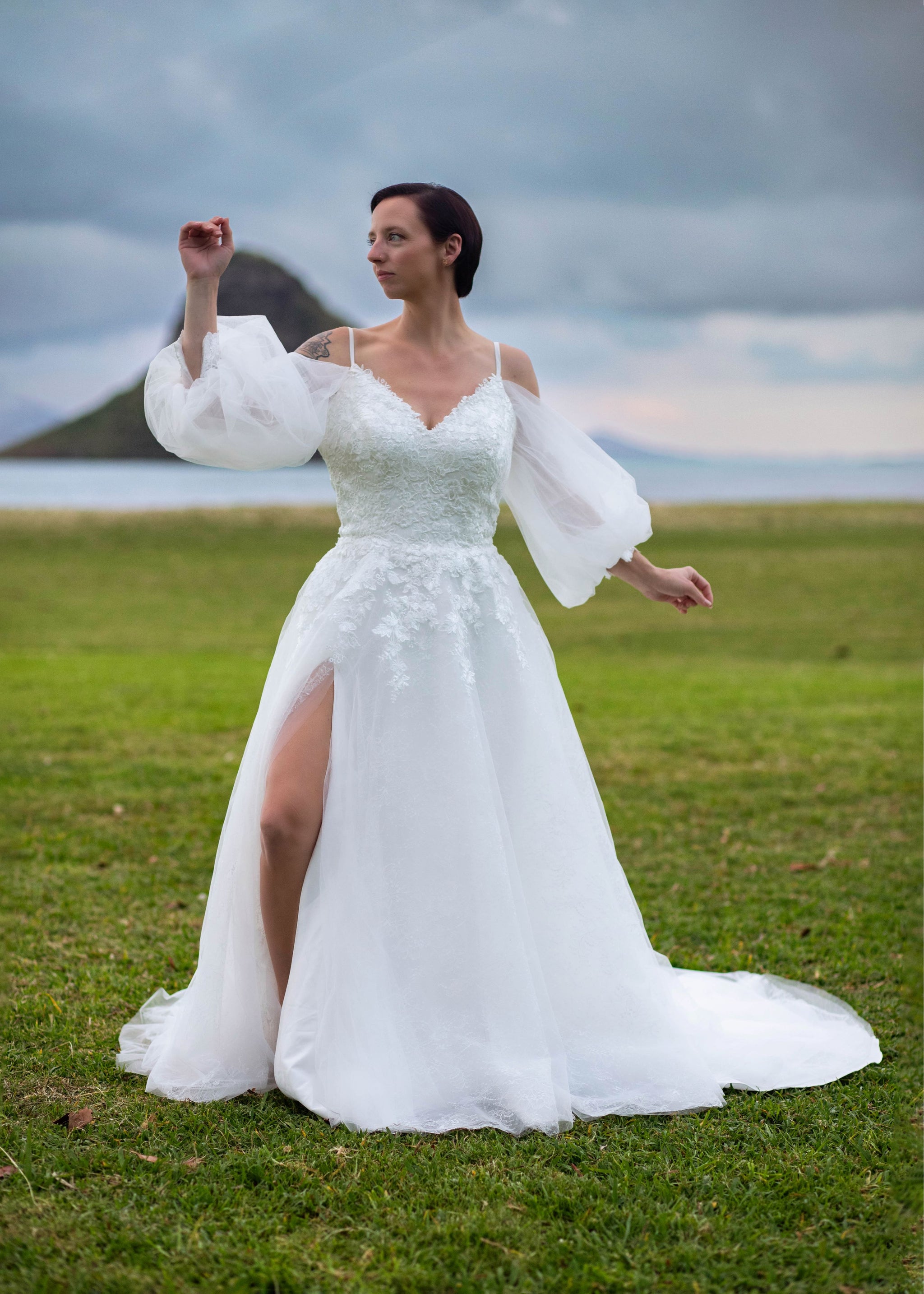 A-Line Wedding Dress with Slit, Beaded Lace, V Neck Tulle Skirt and Detachable Sleeves | Dresses By Linda and Agnes A-Line Wedding Dress with Slit, Beaded Lace, V Neck Tulle Skirt and Detachable Sleeves | Dresses By Linda and Agnes